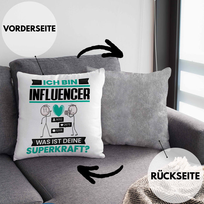 Influencer Kissen mit Füllung 40x40 Geschenk für Influencer Geburtstag Lustiger Spruch Was Ist Deine Superkraft (Grau) Grau Trendation