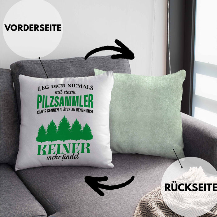Pilzsammler Geschenk Kissen mit Füllung 40x40 Pilze Sammeln Geschenkidee Pilzsucher Pilzliebhaber Lustig (Grau) Grün Trendation
