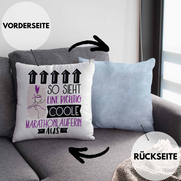 Marathonläuferin Geschenk Kissen mit Füllung 40x40 Lustig Geschenkidee für Marathonläuferin Geburtstag So Sieht Eine Richtig Coole Marathonläuferin Aus Frauen Spruch (Grau) Blau Trendation