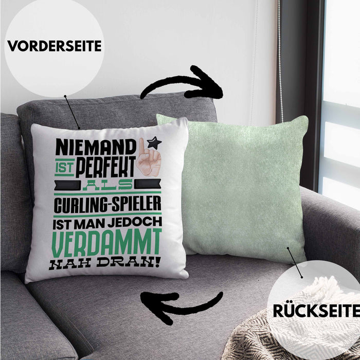 Curling-Spieler Geschenk Kissen mit Füllung 40x40 Lustige Geschenkidee für Curling-Spieler Geburtstag Niemand Ist Perfekt Aber Als Curling-Spieler Ist Man Nah Dran (Grau) Grün Trendation