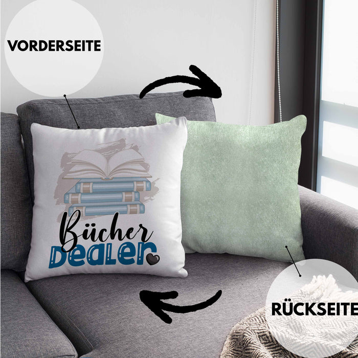 Bücher Dealer Kissen mit Füllung 40x40 Geschenk für Bücher-Verkäufer Bibliothek Geburtstag Spruch Geschenkidee Bester Bibliothek (Grau) Grün Trendation