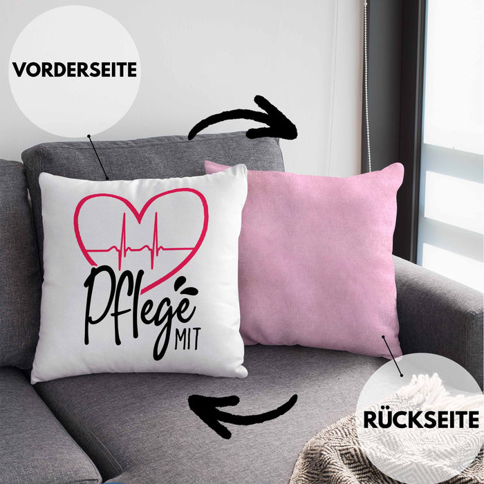 Geschenkidee Pfleger Kissen mit Füllung 40x40 "Pflege mit Herz" Grafik Pfleger Geschenk (Grau) Rosa Trendation