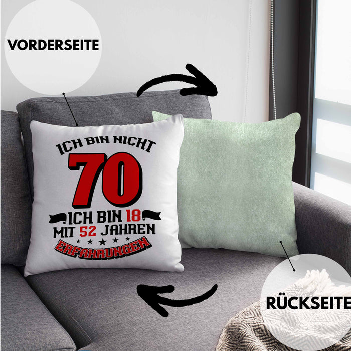 Kissen mit Füllung 40x40 70. Geburtstag Geschenkidee für Männer Frauen Spruch 70 Jahre 18 mit 52 Jahre Erfahrungen (Grau) Grün Trendation