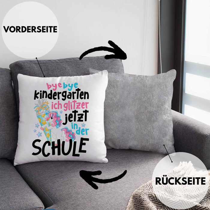 Bye Bye Kindergarten Einschulung Mädchen Geschenk Kissen mit Füllung 40x40 Schulstart 1. Schultag Schuleinführung Schulanfang Geschenkidee 2024 Schulkind Ich Glitzer Jetzt In Der Schule (Grau) Grau Trendation