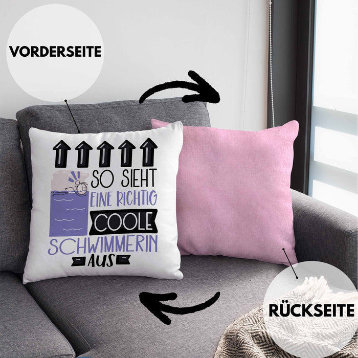 Schwimmerin Geschenk Kissen mit Füllung 40x40 Lustig Geschenkidee für Schwimmerin Geburtstag So Sieht Eine Richtig Coole Schwimmerin Aus Frauen Spruch (Grau) Rosa Trendation