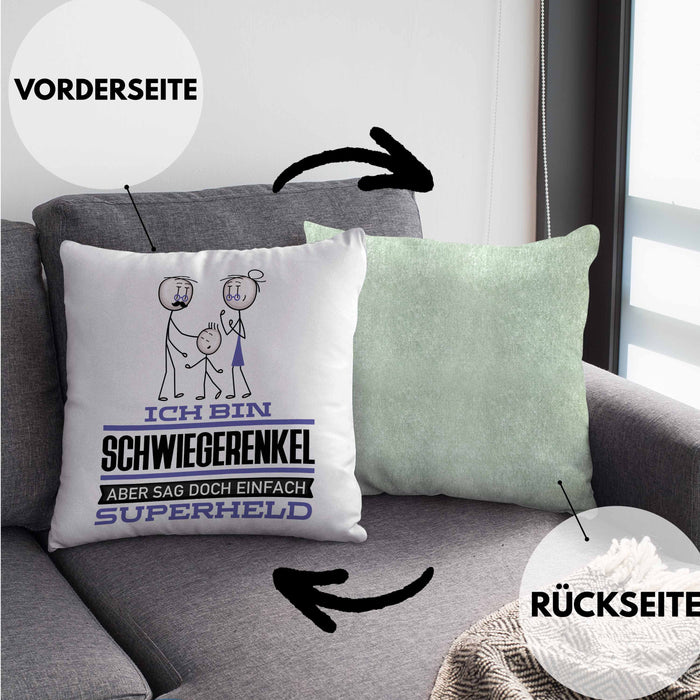 Schwiegerenkel Geschenk Kissen mit Füllung 40x40 Ich Bin Schwiegerenkel Aber Sag Doch Einfach Superheld Lustige Geschenkdiee für Schwiegerenkel (Grau) Grün Trendation