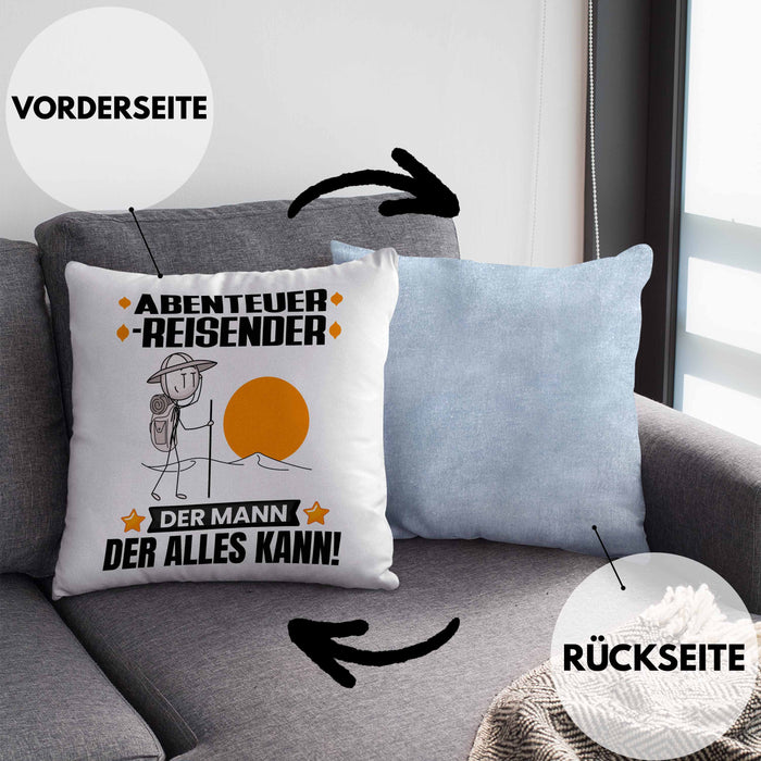Abenteurreisender Kissen mit Füllung 40x40 Geschenk für Abenteurreisender Der Mann Der Alles Kann Geschenkidee zum Geburtstag (Grau) Blau Trendation