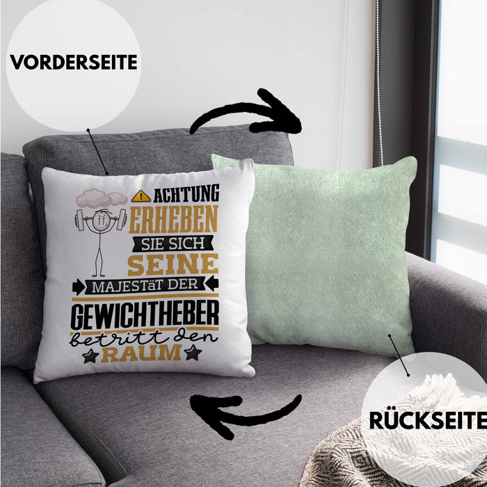 Gewichtheber Geschenk Kissen mit Füllung 40x40 Lustiger Spruch Erheben Sie Sich Der Gewichtheber Betritt den Raum (Grau) Grün Trendation