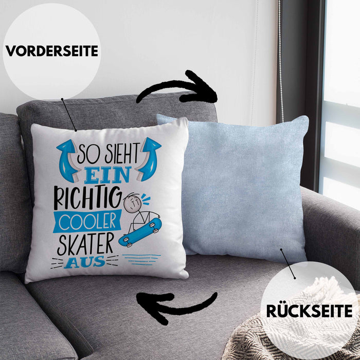 Skater Kissen mit Füllung 40x40 Geschenk So Sieht Ein Richtig Cooler Skater Aus Geschenkidee Spruch Lustig (Grau) Blau Trendation