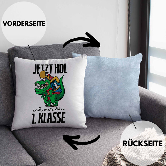 Kissen mit Füllung 40x40 Einschulung Dino T-rex Motiv Geschenk für Jungs in der 1. Klasse Schulstart (Grau) Blau Trendation