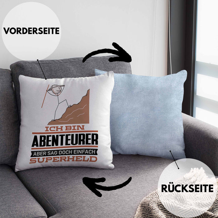 Abenteurer Geschenk Kissen mit Füllung 40x40 Ich Bin Abenteurer Aber Sag Doch Einfach Superheld Lustige Geschenkdiee für Abenteurer (Grau) Blau Trendation