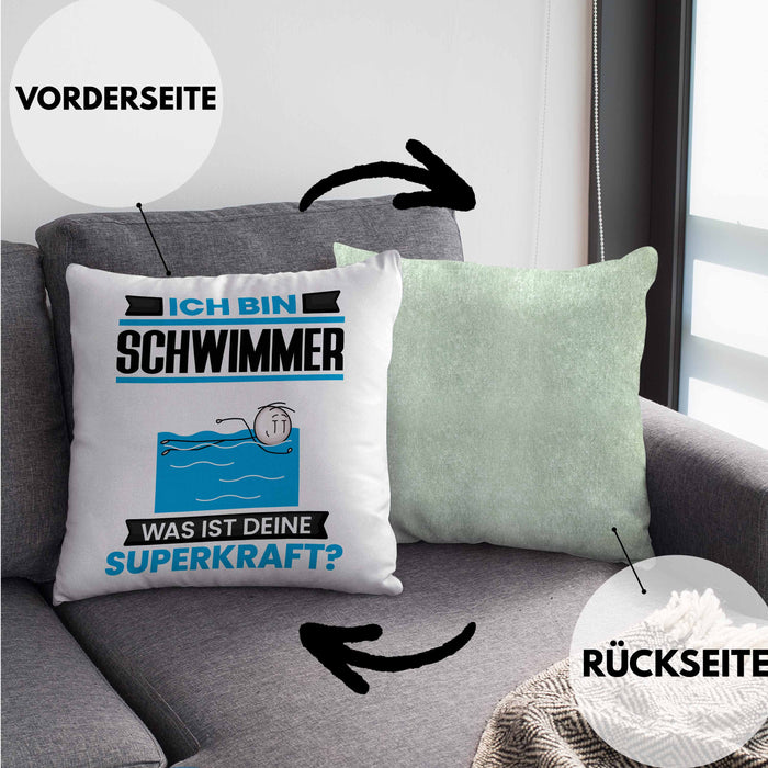 Schwimmer Kissen mit Füllung 40x40 Geschenk für Schwimmer Geburtstag Lustiger Spruch Was Ist Deine Superkraft (Grau) Grün Trendation