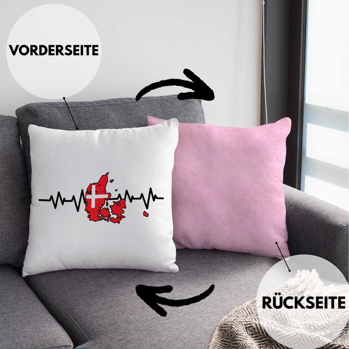 Dänische Flagge Geschenk Kissen mit Füllung 40x40 Herzschlag Dänemark Urlau Geschenkidee (Grau) Rosa Trendation