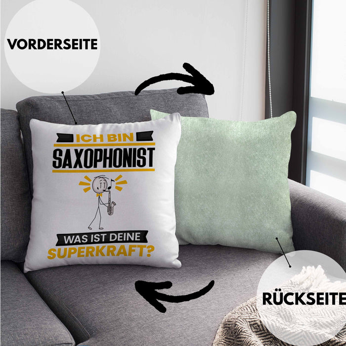Saxophonist Kissen mit Füllung 40x40 Geschenk für Saxophonist Geburtstag Lustiger Spruch Was Ist Deine Superkraft (Grau) Grün Trendation