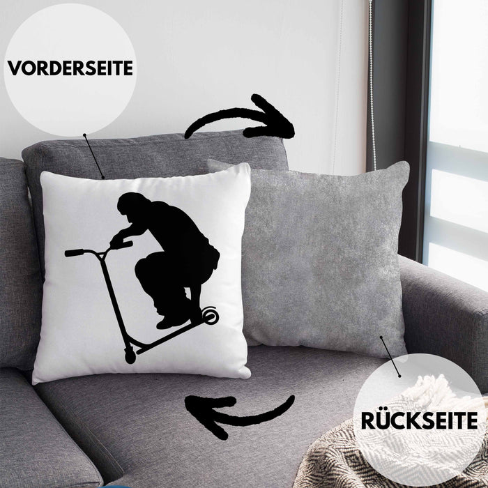 Scooter Roller Fahrer Geschenk Kissen mit Füllung 40x40 Scooterfahrer Geschenkidee Scooting Geschenkidee Jungs Profi Scooterfahrer Stunt (Grau) Grau Trendation