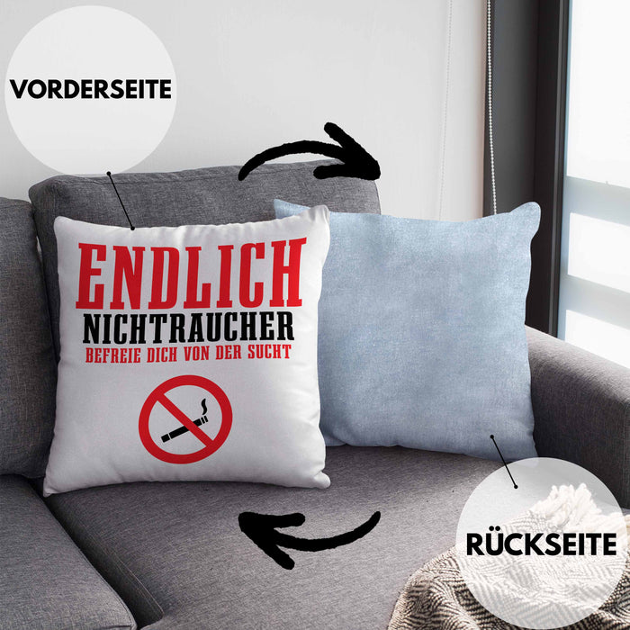Endlich Nichttraucher Kissen mit Füllung 40x40 Geschenk Aufhören Zu Rauchen Befreie Dich Von Der Sucht (Grau) Blau Trendation