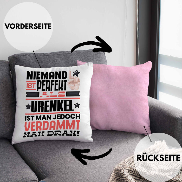Urenkel Geschenk Kissen mit Füllung 40x40 Lustige Geschenkidee für Urenkel Geburtstag Niemand Ist Perfekt Aber Als Urenkel Ist Man Nah Dran (Grau) Rosa Trendation