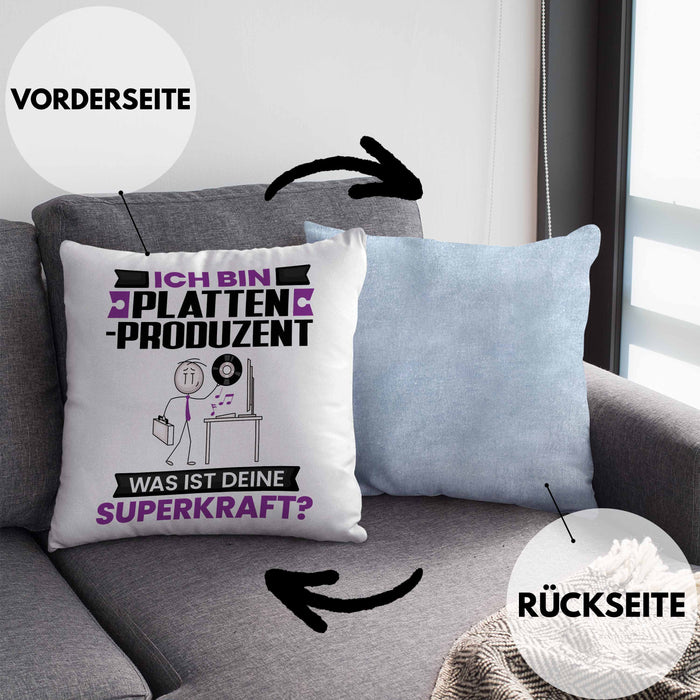 Plattenproduzent Kissen mit Füllung 40x40 Geschenk für Plattenproduzent Geburtstag Lustiger Spruch Was Ist Deine Superkraft (Grau) Blau Trendation