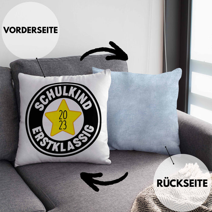 Schulkind Erstklassig Einschulung Junge Mädchen Geschenk Schultüte Füllung Kissen mit Füllung 40x40 Schulstart 1. Schultag Schuleinführung Schulanfang Geschenkidee Schulkind 2024 (Grau) Blau Trendation