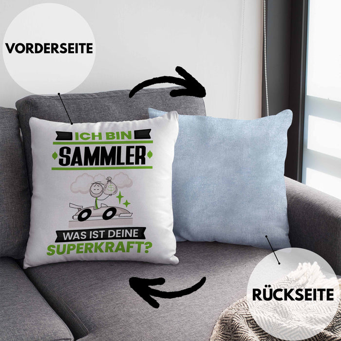 Sammler Kissen mit Füllung 40x40 Geschenk für Sammler Geburtstag Lustiger Spruch Was Ist Deine Superkraft (Grau) Blau Trendation