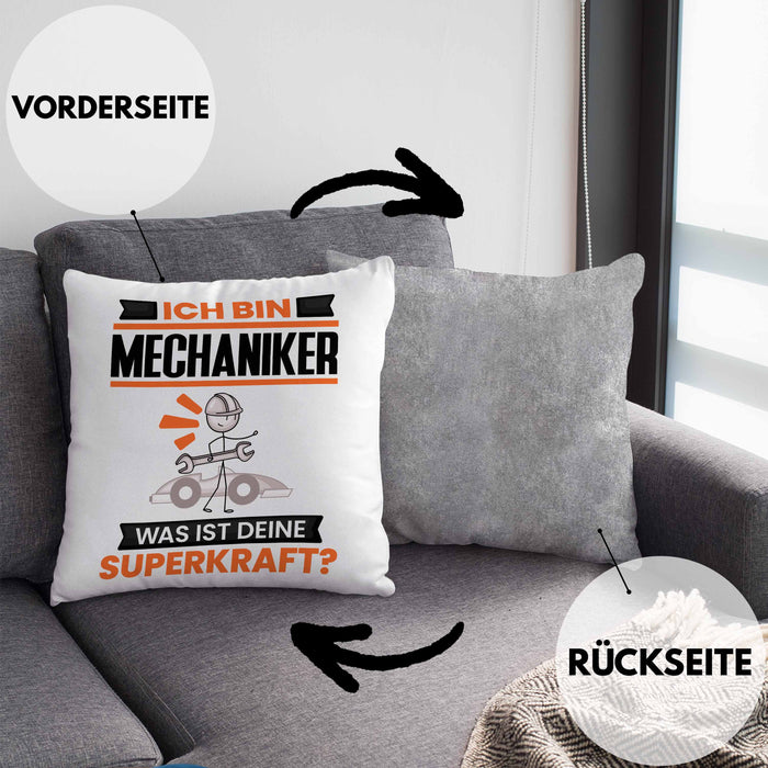 Mechaniker Kissen mit Füllung 40x40 Geschenk für Mechaniker Geburtstag Lustiger Spruch Was Ist Deine Superkraft (Grau) Grau Trendation