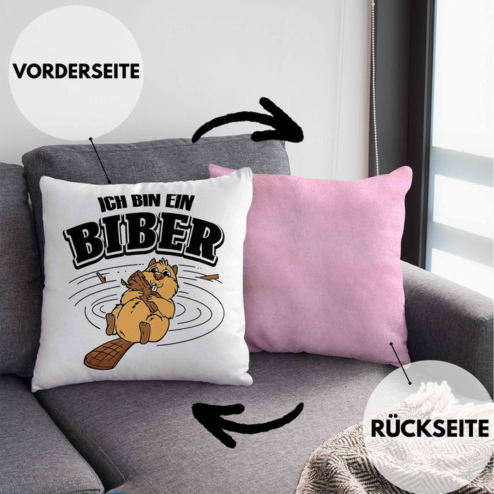 Bieber Kissen mit Füllung 40x40 Biebermotiv Geschenk Tierwohlhaber (Grau) Rosa Trendation