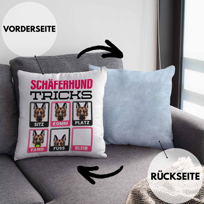 Schäferhund Besitzer Kissen mit Füllung 40x40 Geschenk Lustiger Spruch Geschenkidee Schäferhund Tricks Bleib (Grau) Blau Trendation