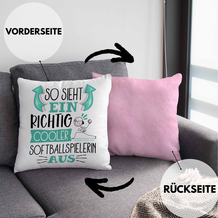So Sieht Ein Richtig Cooler Softballspielerin Aus Geschenk Kissen mit Füllung 40x40 Lustiger Spruch Geschenkidee (Grau) Rosa Trendation