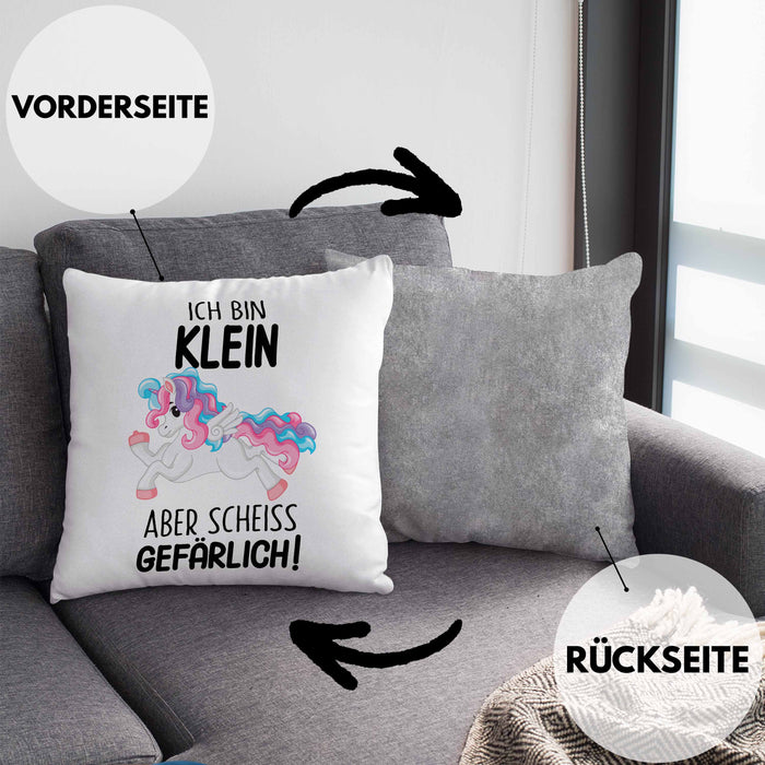 Lustige Ich Bin Klein Aber Gefährlich Kissen mit Füllung 40x40 Mit Spruch Einhorn Geschenk Mama Freundin Kollegin Geschenkidee Arbeit Frauen (Grau) Grau Trendation
