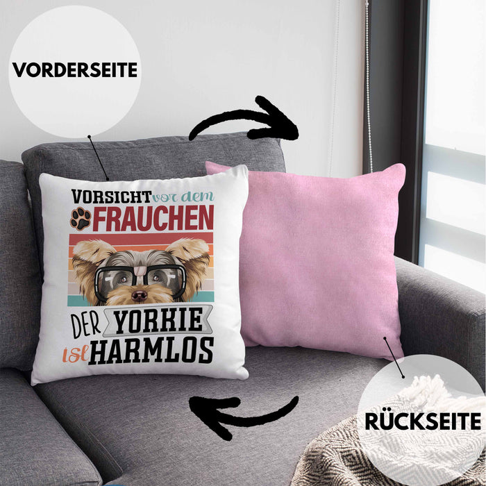 Yorkie Besitzerin Frauchen Kissen mit Füllung 40x40 Geschenk Lustiger Spruch Geschenkidee Vorsicht Vor Dem Frauchen (Grau) Rosa Trendation