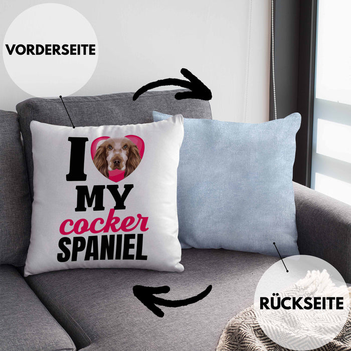 Cocker Spaniel Besitzerin Kissen mit Füllung 40x40 Geschenk Lustiger Spruch Geschenkidee I Love My Cocker Spaniel (Grau) Blau Trendation