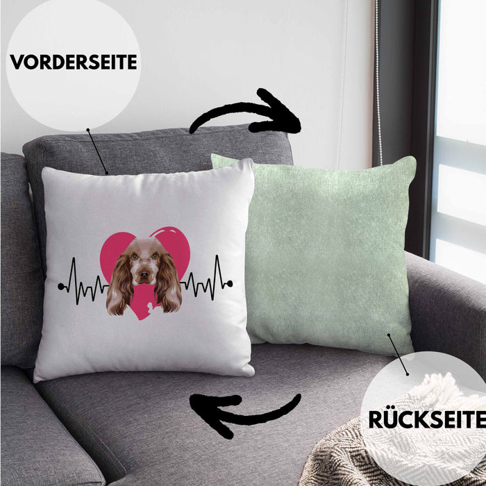 Cocker Spaniel Besitzer Kissen mit Füllung 40x40 Geschenk Lustiger Spruch Geschenkidee Herzschlag Cocker Spaniel (Grau) Grün Trendation