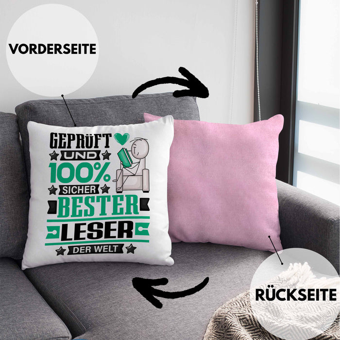 Leser Geschenk Lustiger Spruch für Leser Geschenkidee Bester Leser Der WeltKissen mit Füllung 40x40 (Grau) Rosa Trendation