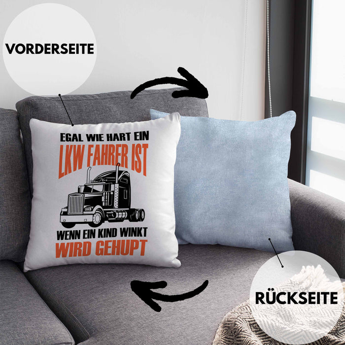 Lustige LKW-Fahrer Kissen mit Füllung 40x40 Geschenk für Truckliebhaber Wenn Ein Kind WInkt Wird Gehupt (Grau) Blau Trendation