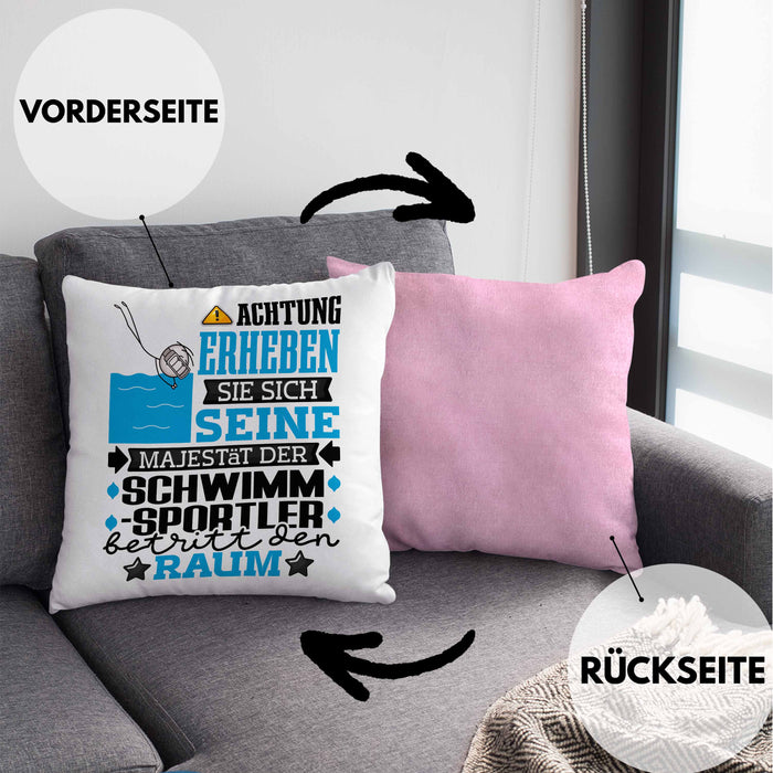 Schwimmsportler Geschenk Kissen mit Füllung 40x40 Lustiger Spruch Erheben Sie Sich Der Schwimmsportler Betritt den Raum (Grau) Rosa Trendation