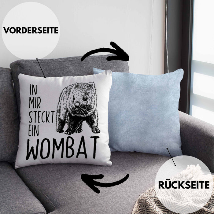 Wombat Kissen mit Füllung 40x40 Geschenk für Wombat Liebhaber In Mir Steckt Ein Wombat (Grau) Blau Trendation