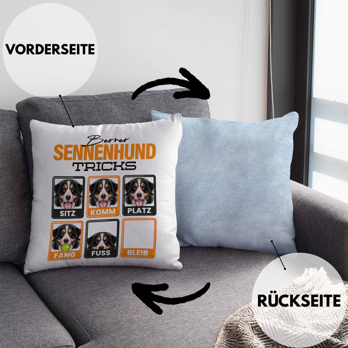 Berner Sennen Besitzer Kissen mit Füllung 40x40 Geschenk Lustiger Spruch Geschenkidee Berner Sennen Tricks Bleib (Grau) Blau Trendation