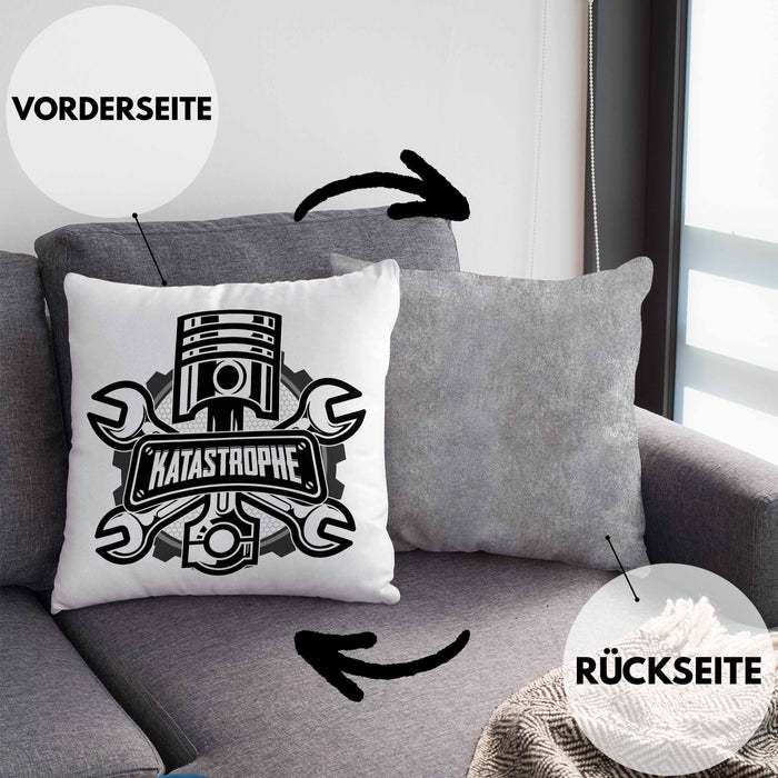 KFZ Mechaniker Kissen mit Füllung 40x40 Geschenk Spruch Männer KFZ Mechatroniker Geschenkidee Werkstatt Katastrophe (Grau) Grau Trendation