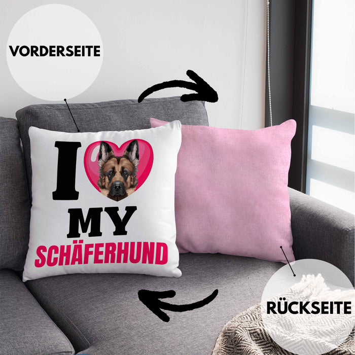 Schäferhund Besitzerin Kissen mit Füllung 40x40 Geschenk Lustiger Spruch Geschenkidee I Love My Schäferhund (Grau) Rosa Trendation