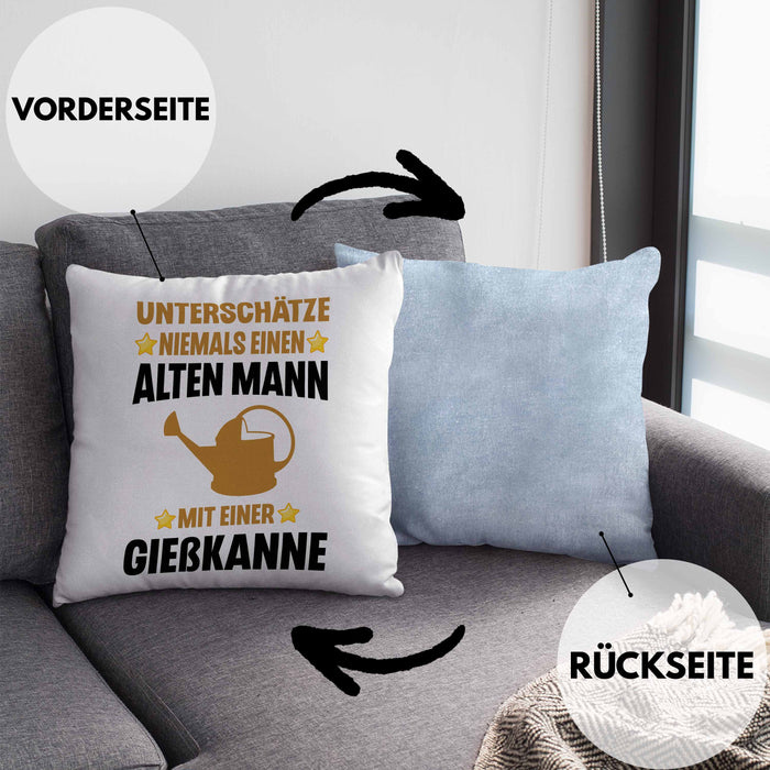 Alter Mann Gärtner Kissen mit Füllung 40x40 mit Spruch Garten Hobbygärtner Geschenk Lustig (Grau) Blau Trendation