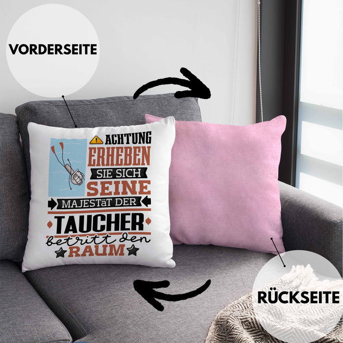 Taucher Geschenk Kissen mit Füllung 40x40 Lustiger Spruch Erheben Sie Sich Der Taucher Betritt den Raum (Grau) Rosa Trendation
