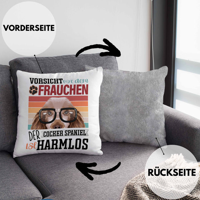 Cocker Spaniel Besitzerin Frauchen Kissen mit Füllung 40x40 Geschenk Lustiger Spruch Geschenkidee Vorsicht Vor Dem Frauchen (Grau) Grau Trendation