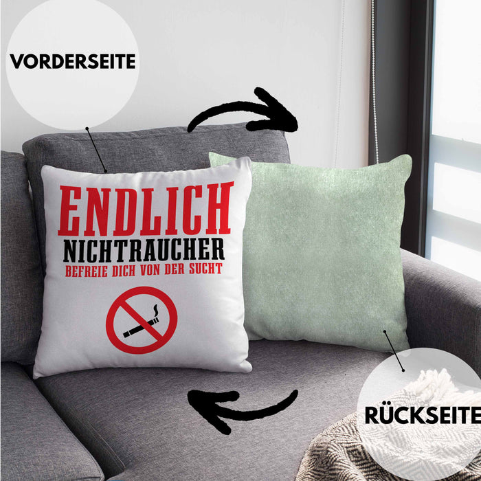 Endlich Nichttraucher Kissen mit Füllung 40x40 Geschenk Aufhören Zu Rauchen Befreie Dich Von Der Sucht (Grau) Grün Trendation