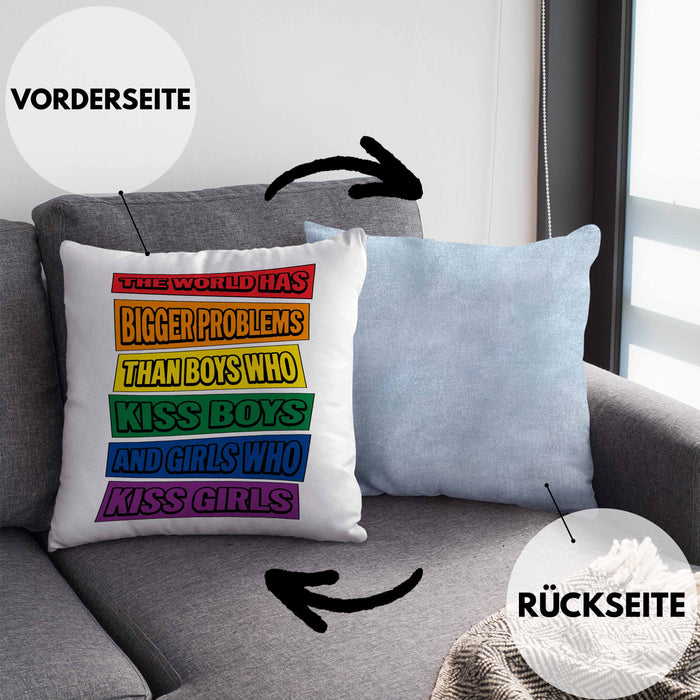 LGBTQ Kissen mit Füllung 40x40 Geschenk Schwule Lesben Geschenkidee The World Has Bigger Problems Gender Equality Häferl (Grau) Blau Trendation