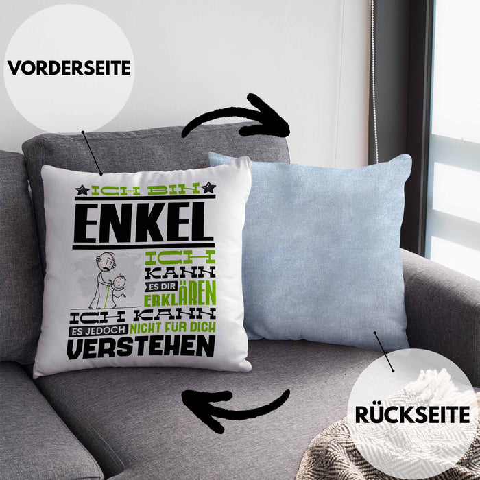 Enkel Geschenk Kaffee-Kissen mit Füllung 40x40 Geschenkidee für Enkel Ich Bin Enkel Ich Kann Es Dir Erklären Jedoch Nicht Für Dich Verstehen Spruch Lustig (Grau) Blau Trendation