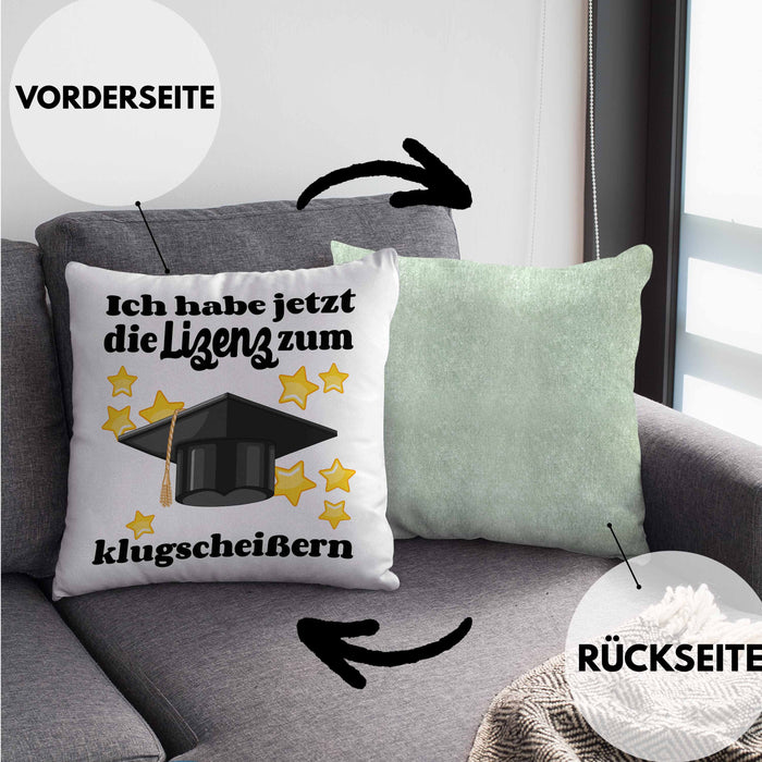 Bachelor Geschenk Abschluss Kissen mit Füllung 40x40 Spruch Master Abitur Abi Graduation Bestanden Prüfung (Grau) Grün Trendation