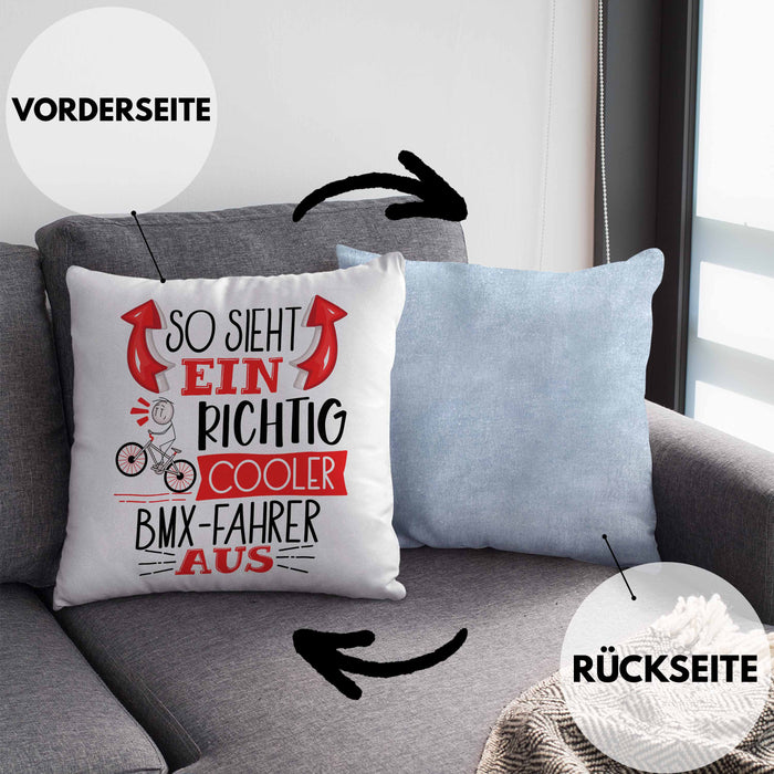 So Sieht Ein Richtig Cooler BMX-Fahrer Aus Geschenk Kissen mit Füllung 40x40 Lustiger Spruch Geschenkidee (Grau) Blau Trendation