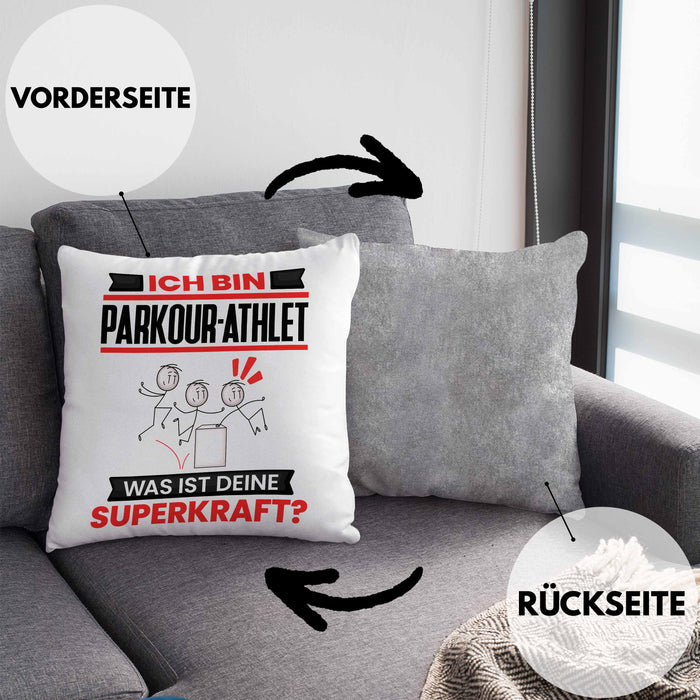 Parkour-Athlet Kissen mit Füllung 40x40 Geschenk für Parkour-Athlet Geburtstag Lustiger Spruch Was Ist Deine Superkraft (Grau) Grau Trendation