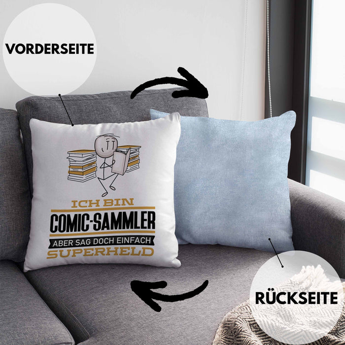 Comic-Sammler Geschenk Kissen mit Füllung 40x40 Ich Bin Comic-Sammler Aber Sag Doch Einfach Superheld Lustige Geschenkdiee für Comic-Sammler (Grau) Blau Trendation
