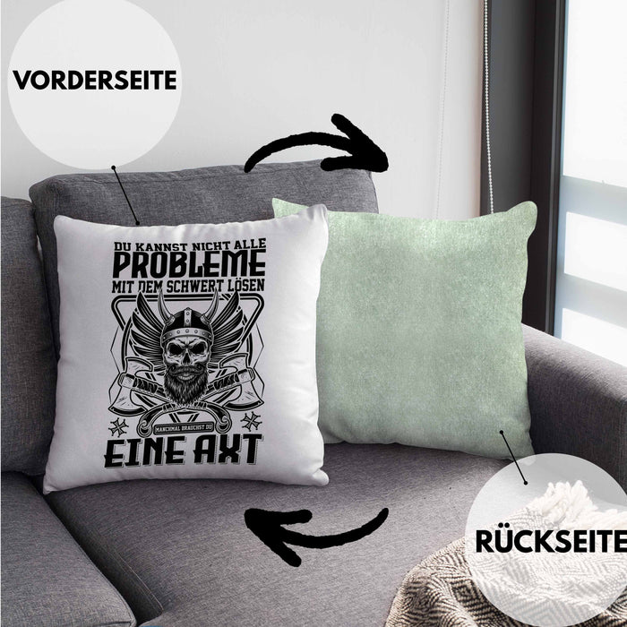 Wikinger Kissen mit Füllung 40x40 Geschenk Nicht alle Probleme Schwert Lösen Axt Mittelalter Kaffee-Kissen mit Füllung 40x40 (Grau) Grün Trendation